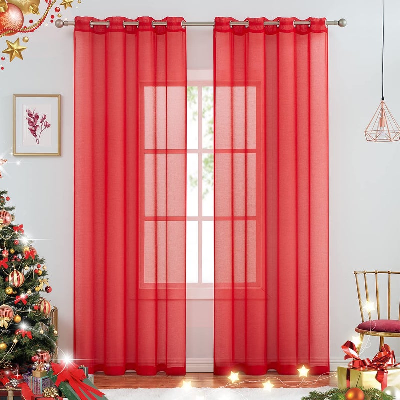July Joy Semi Linen Look Sheer Curtains for Bedroom, Living Room Grommet Light Filtering Solid Voile Window Curtains, Set of 2 Panels (52 x 96 inch, Red) - Image 1